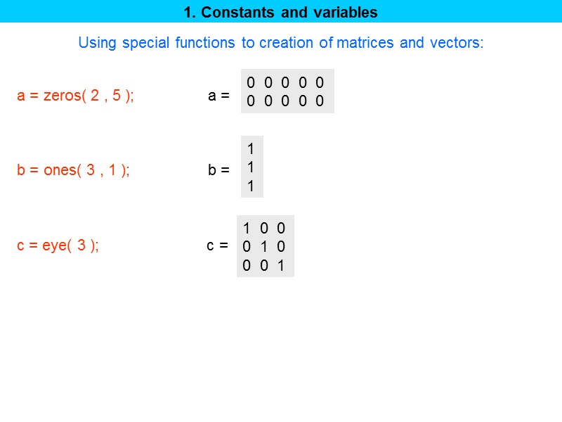 1. Constants and variables Using special functions to creation of matrices and vectors: 0